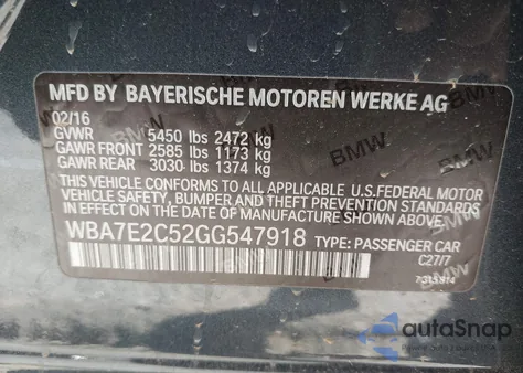 2016 BMW 740I z USA, uszkodzony, nr VIN WBA7E2C52GG547918